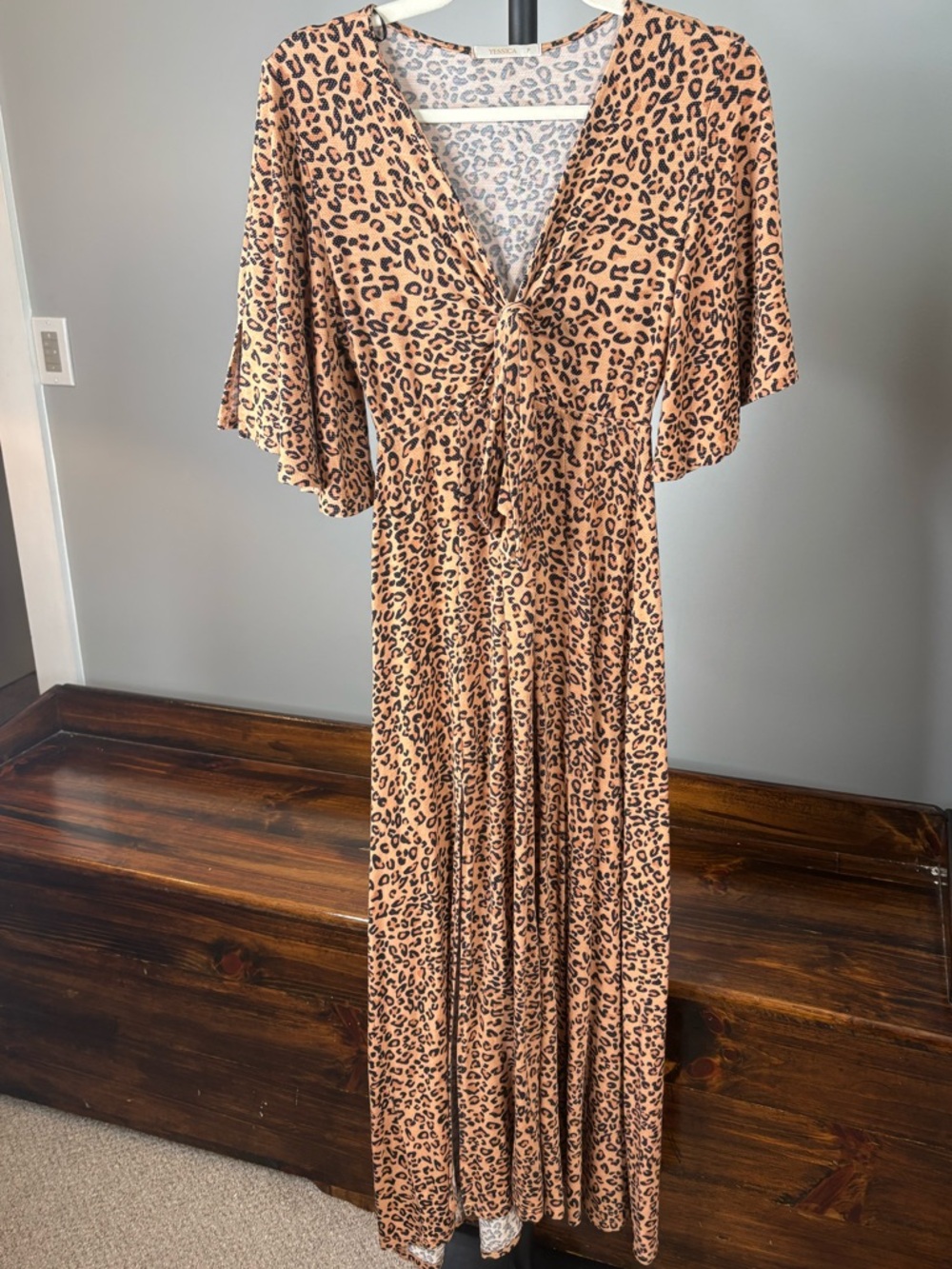 Flutter-Sleeve Leopard Print Maxi Dress in Tan and Black